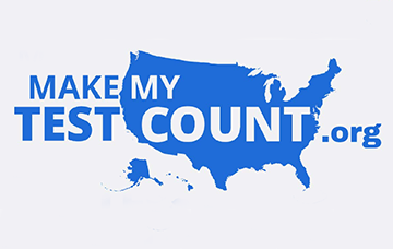 Light blue map of the United States overlayed with Make My Test Count.org