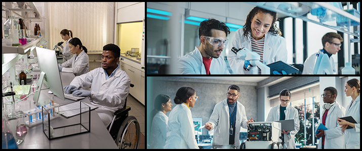 Three images of scientists in the laboratory working working at a bench, on a laptop, and on a robotic prototype